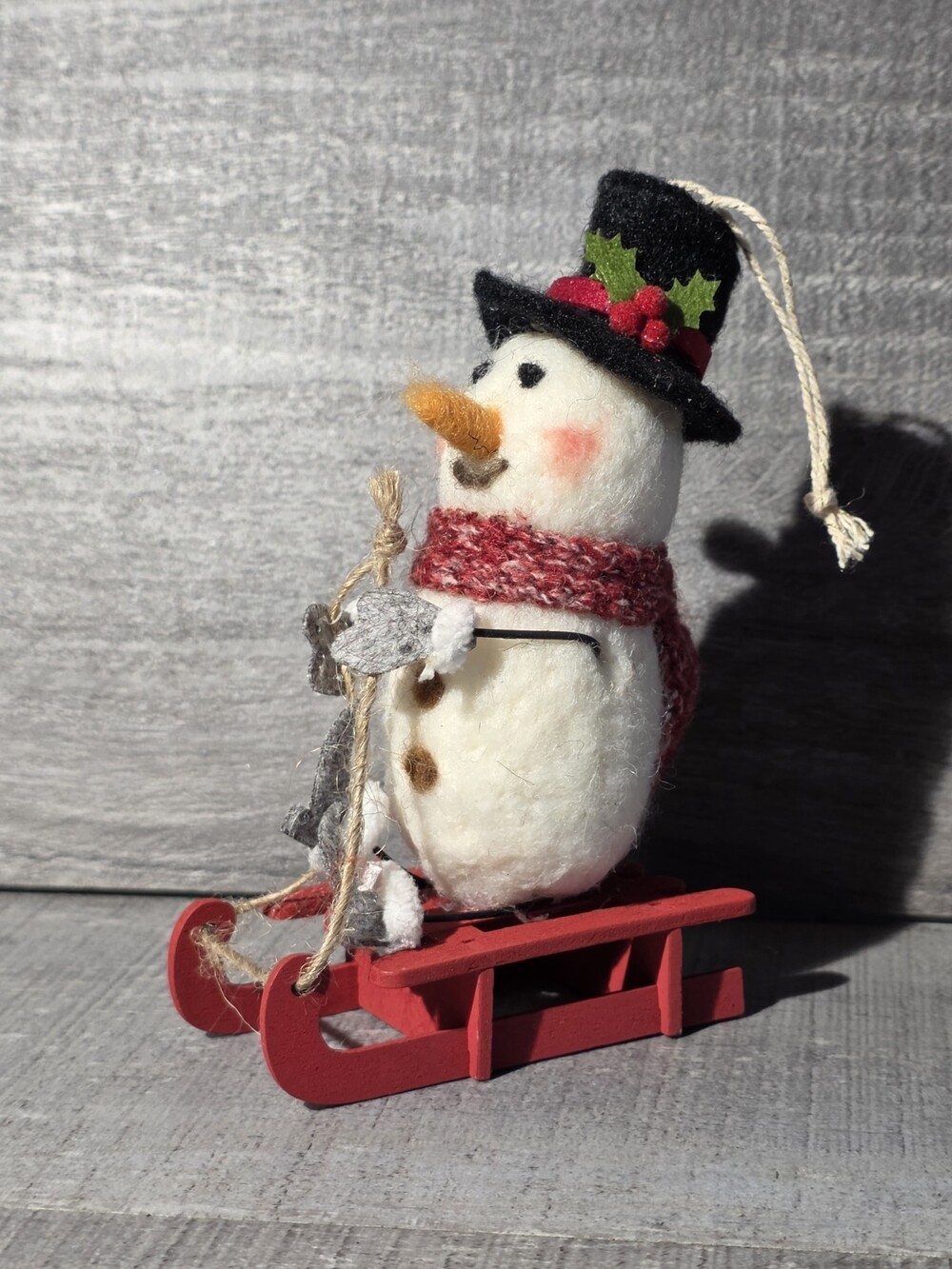 Handcrafted Plush Christmas Snowman on Sleigh 5" Ornament Farmhouse Decor g67b